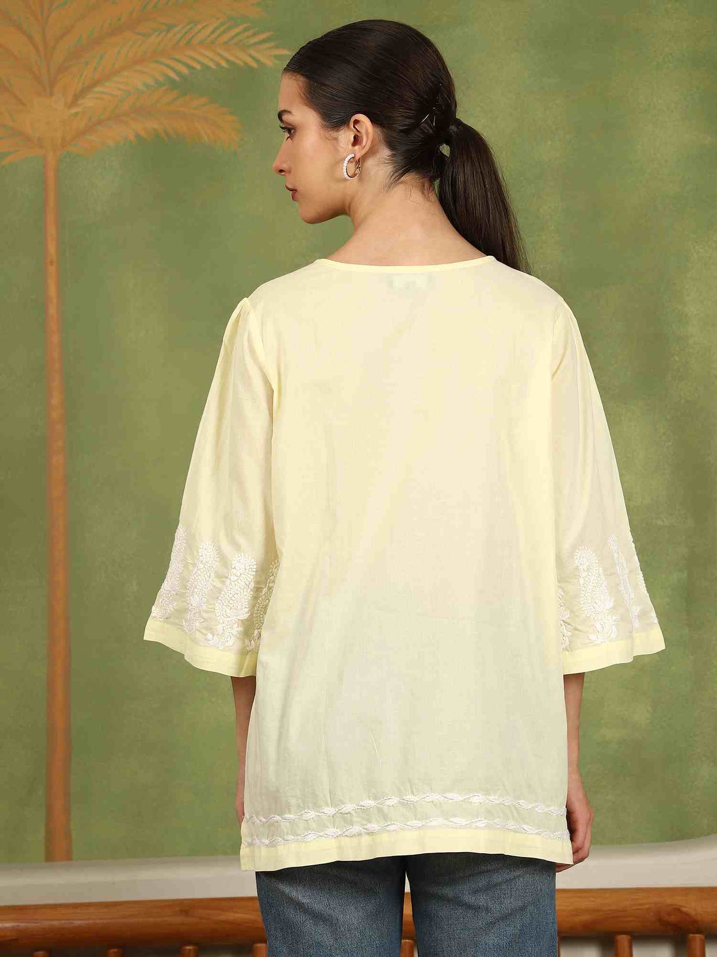 Elani Chikankari Top with White Boota & Bell Sleeves – Yellow