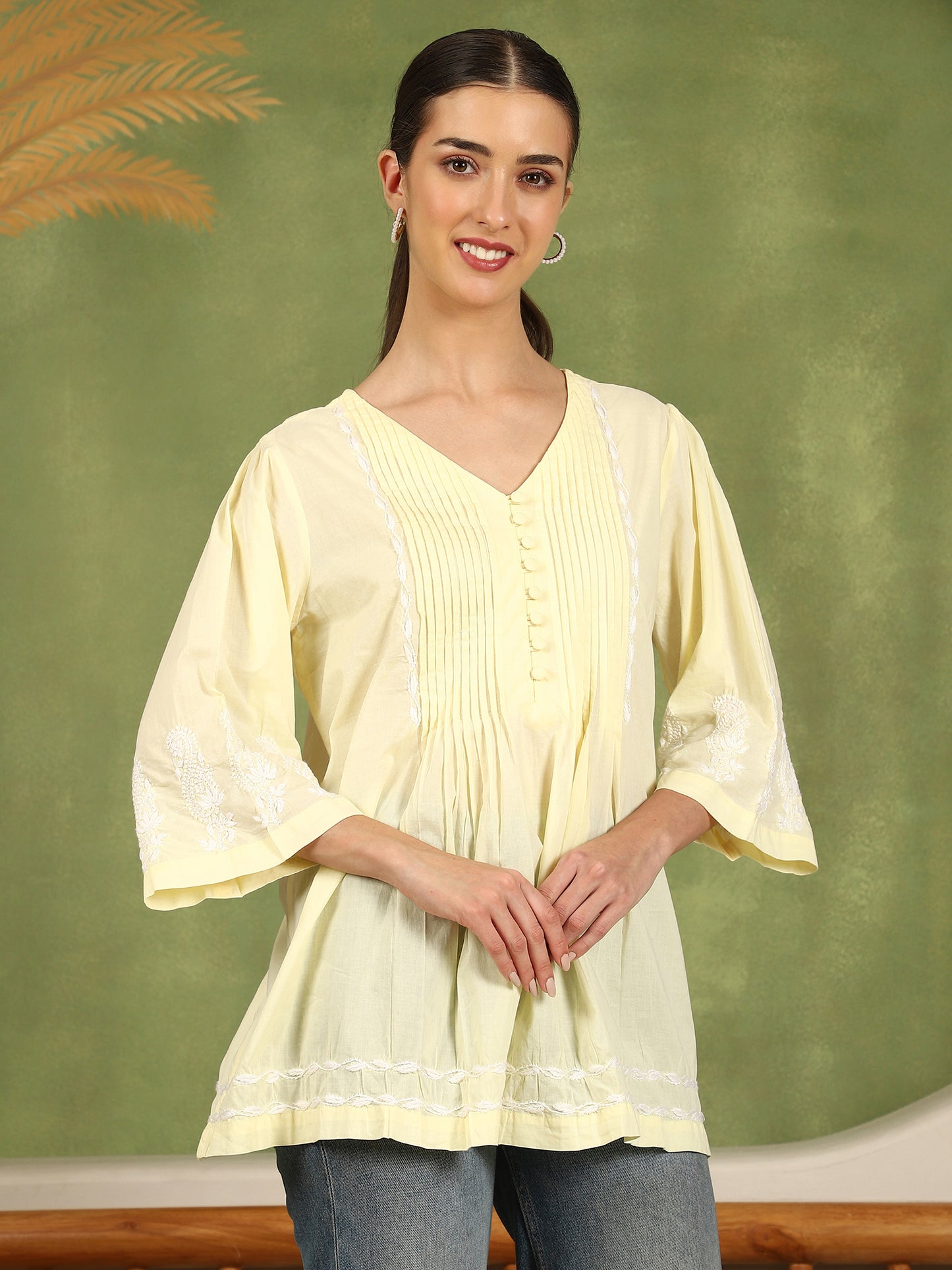 Elani Chikankari Top with White Boota & Bell Sleeves – Yellow