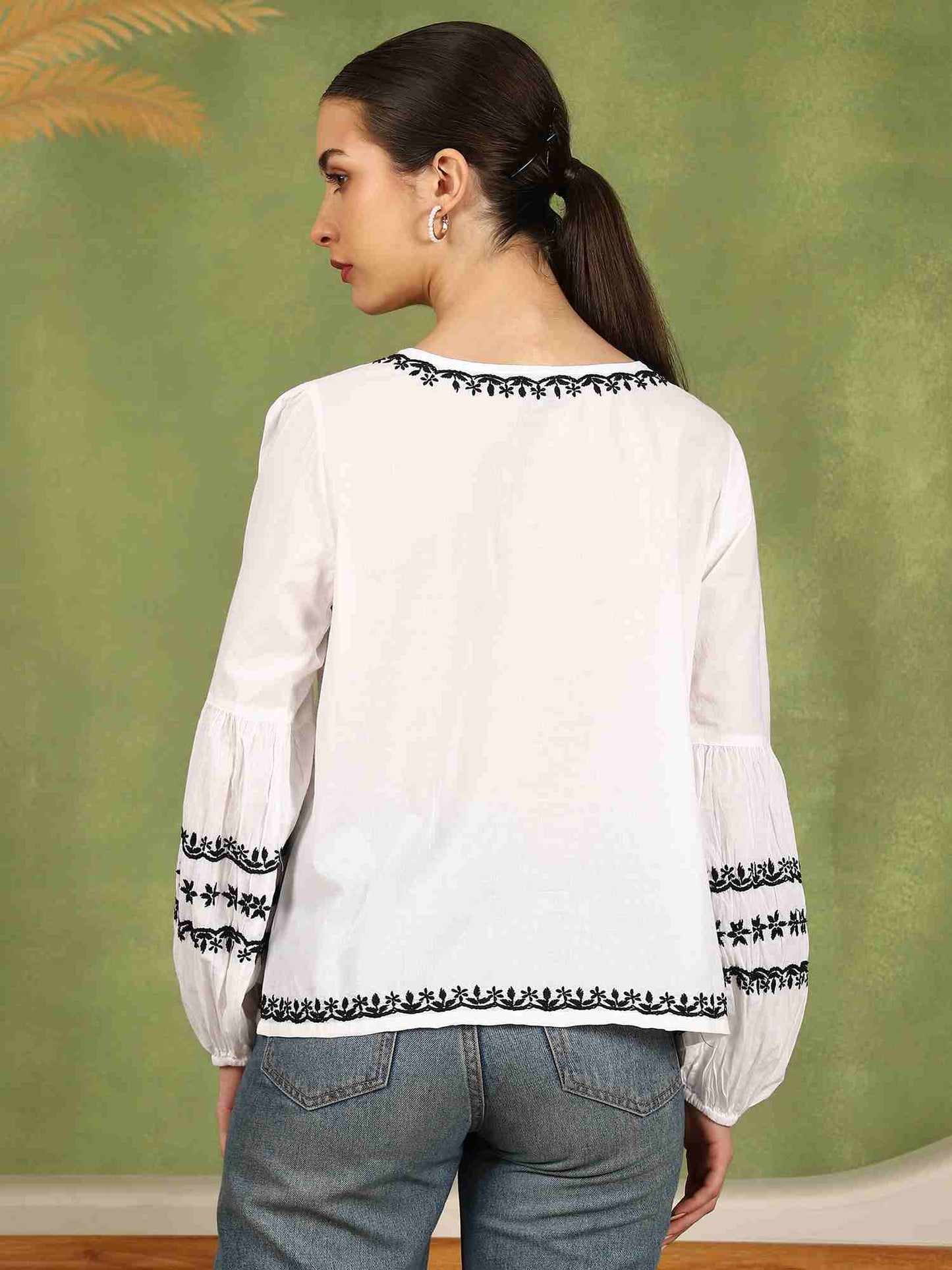 Felicia Chikankari Top with Black Thread & Balloon Sleeves- White