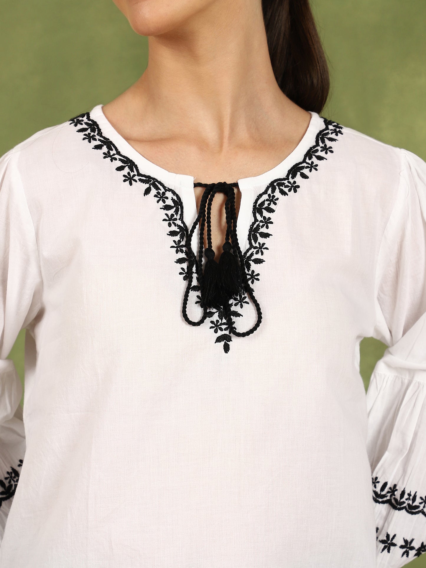 Felicia Chikankari Top with Black Thread & Balloon Sleeves- White