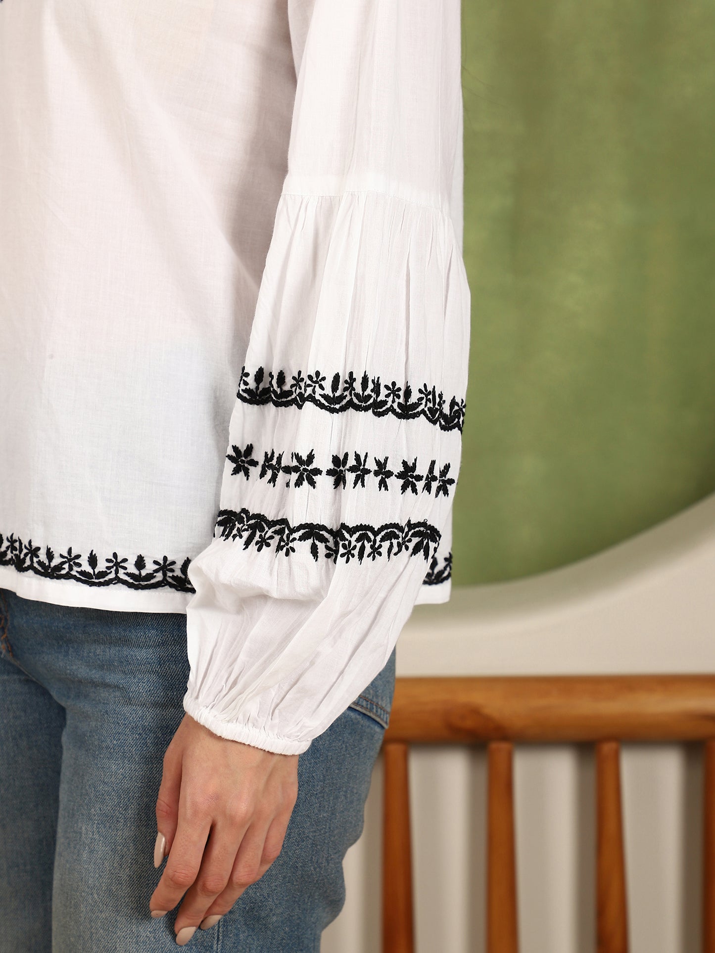 Felicia Chikankari Top with Black Thread & Balloon Sleeves- White