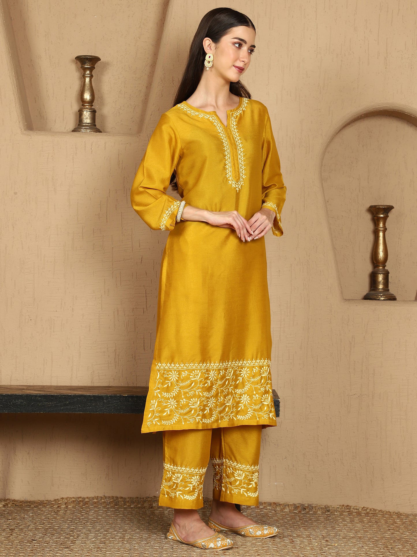 Janhvi Yellow Chikankari Kurta Set with Butter Yellow Border – Notch Neck