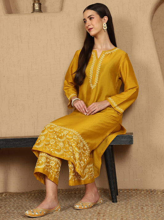 Janhvi Yellow Chikankari Kurta Set with Butter Yellow Border – Notch Neck