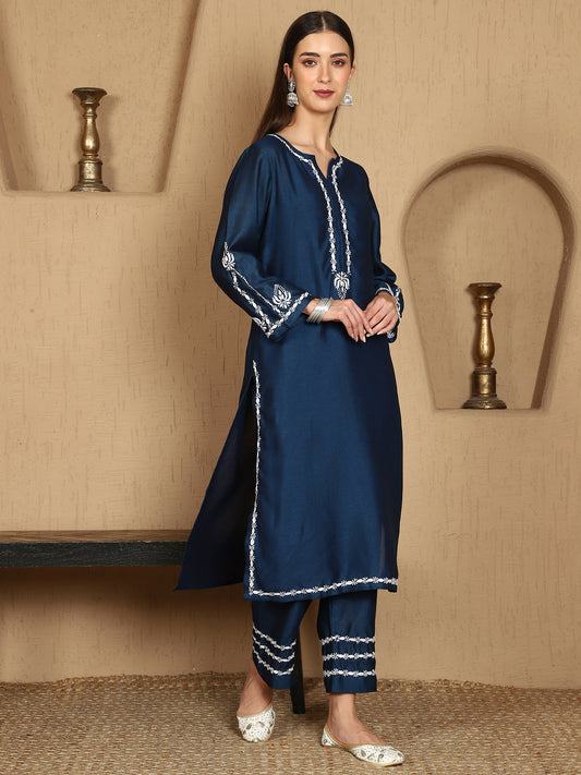Kiara Blue Chikankari Kurta Set with White Thread – Notch Neck