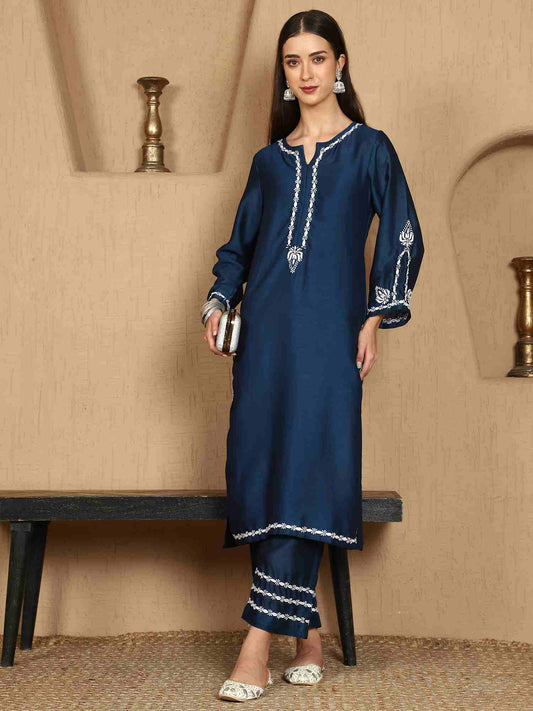 Kiara Blue Chikankari Kurta Set with White Thread – Notch Neck