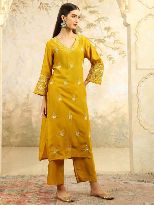 Yamini Yellow Chikankari Kurta Set with Butter Yellow Butta – V Neck