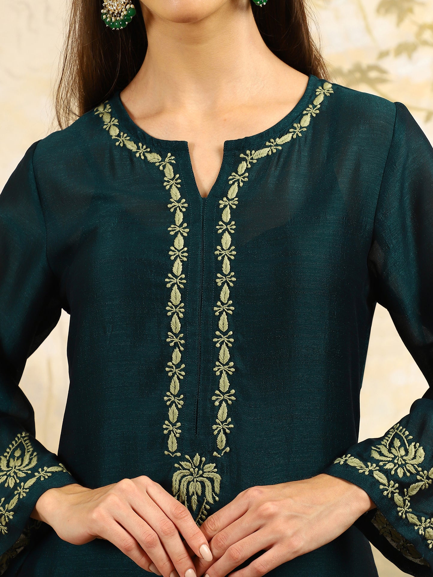 Urvi Green Chikankari Kurta Set with Pear Green Thread – Notch Neck