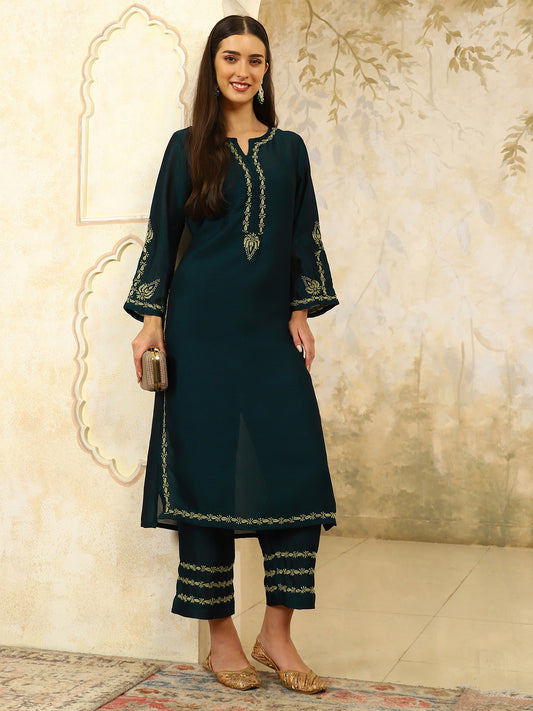 Urvi Green Chikankari Kurta Set with Pear Green Thread – Notch Neck