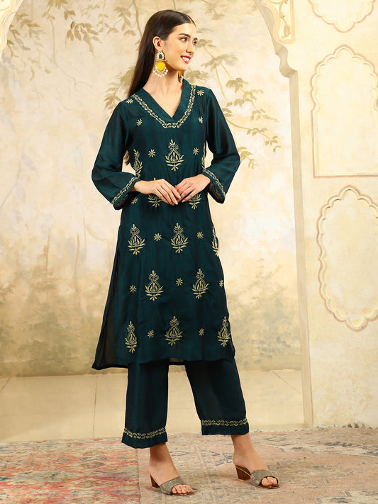 Siya Green Chikankari Kurta Set with Pear Green Thread – V Neck