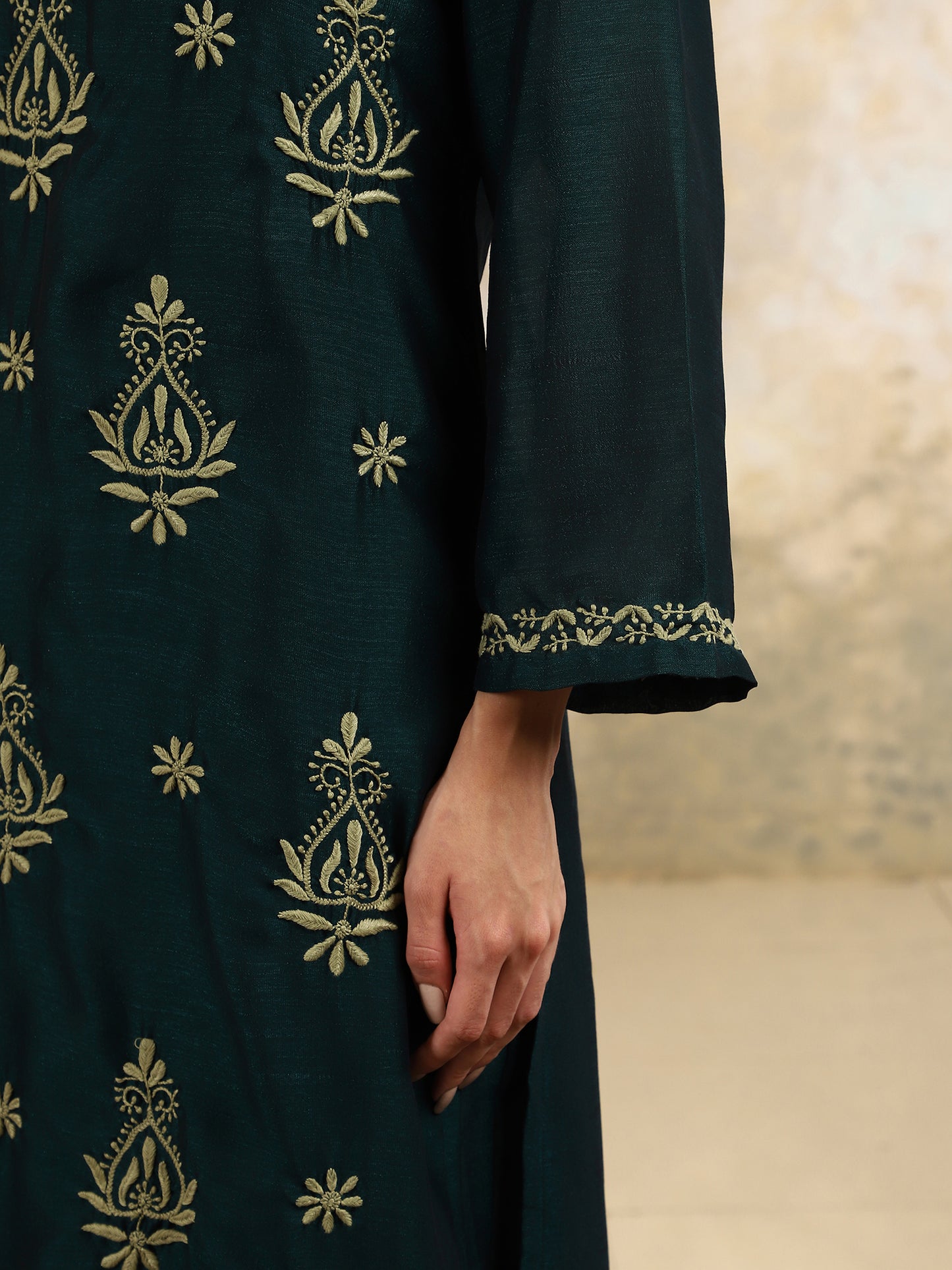 Siya Green Chikankari Kurta Set with Pear Green Thread – V Neck