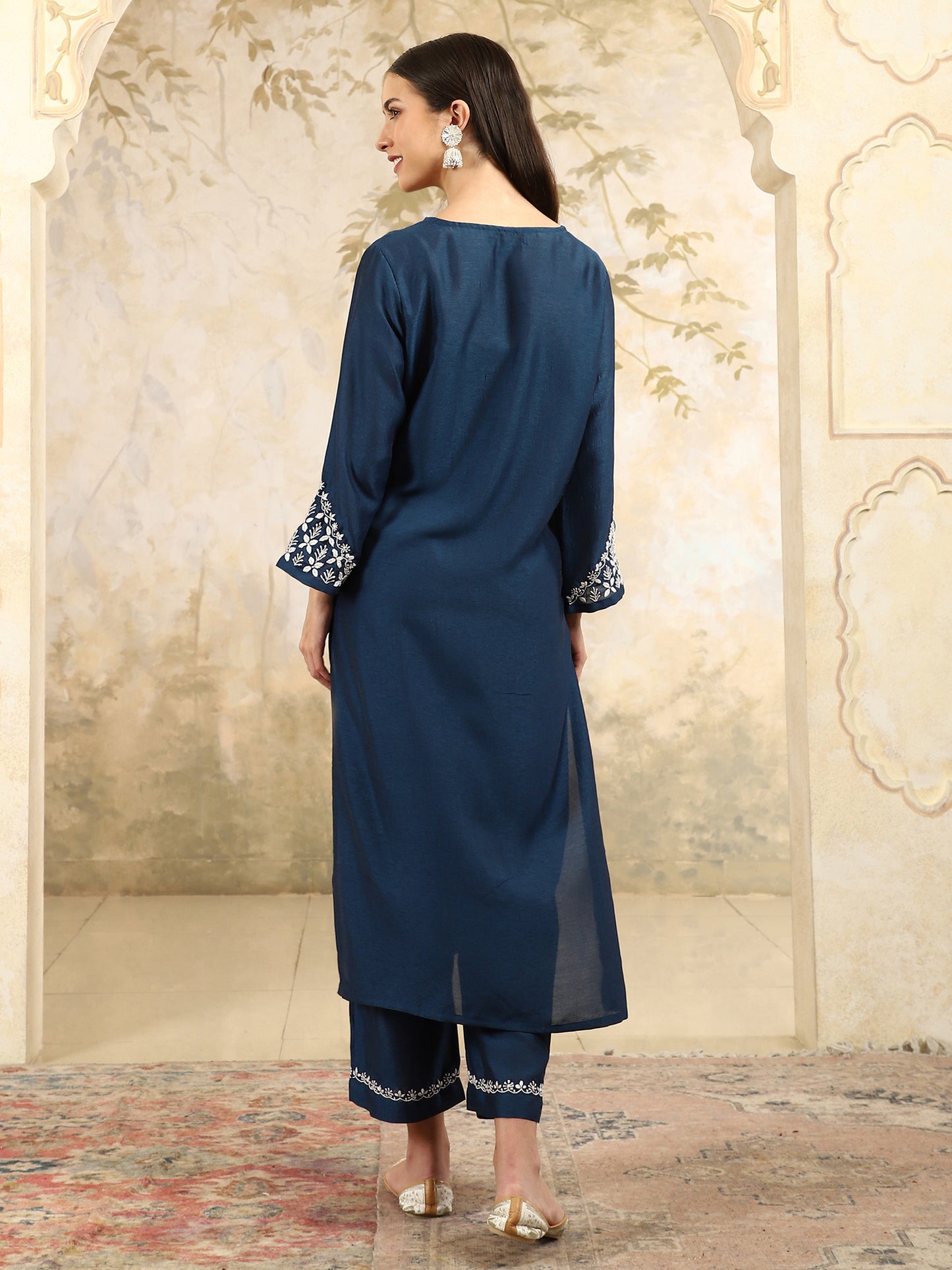 Prisha Blue Chikankari Kurta Set with Stylish White Yoke – V Neck