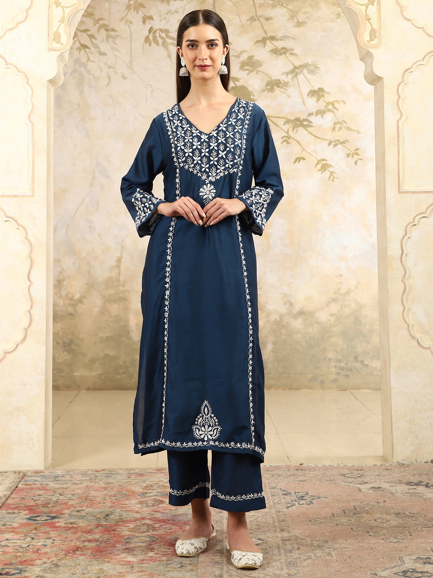 Prisha Blue Chikankari Kurta Set with Stylish White Yoke – V Neck