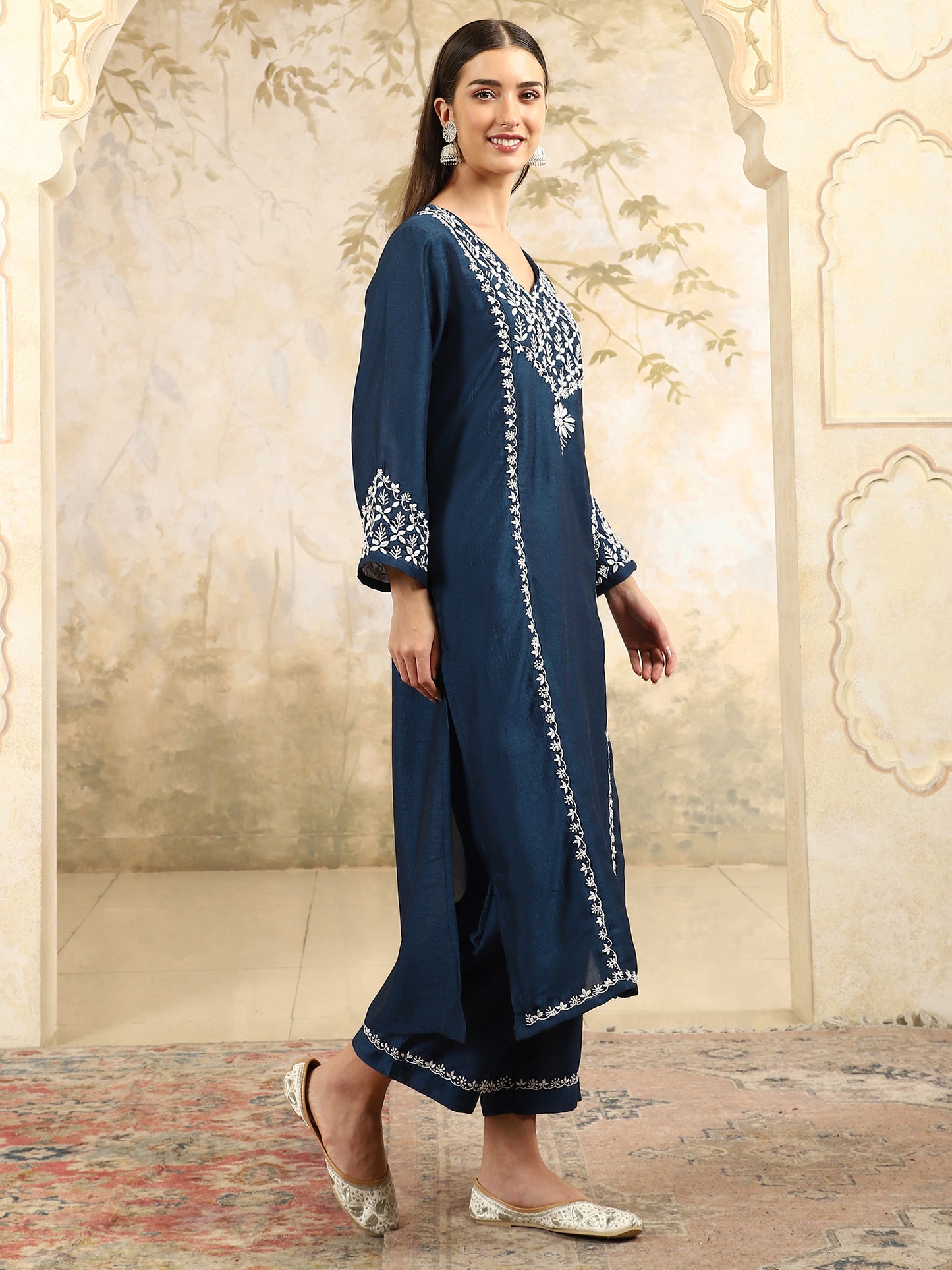 Prisha Blue Chikankari Kurta Set with Stylish White Yoke – V Neck