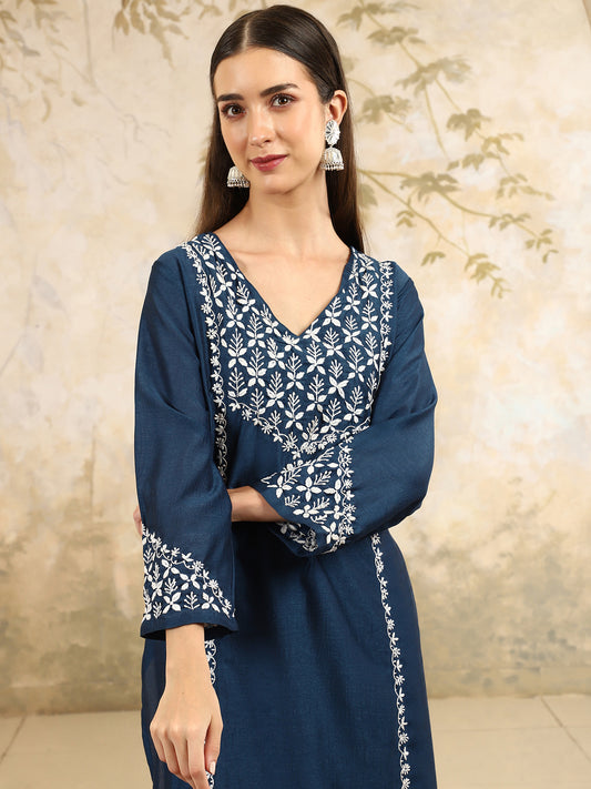Prisha Blue Chikankari Kurta Set with Stylish White Yoke – V Neck