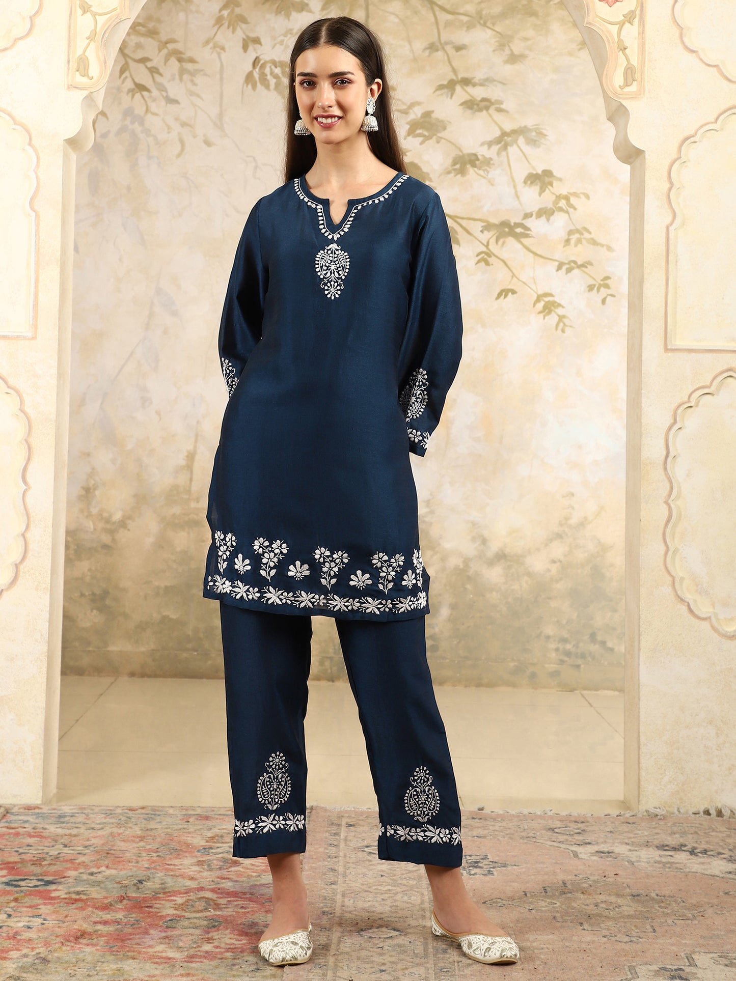Yasmin Chikankari Kurta Set with White Thread – Notch Neck