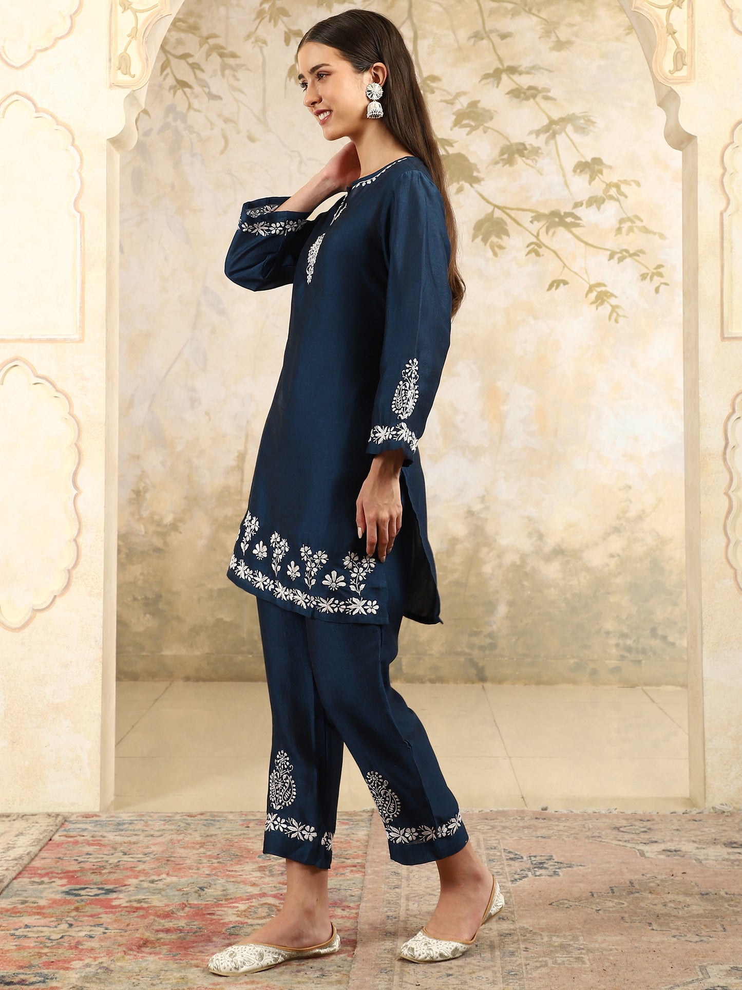 Yasmin Chikankari Kurta Set with White Thread – Notch Neck