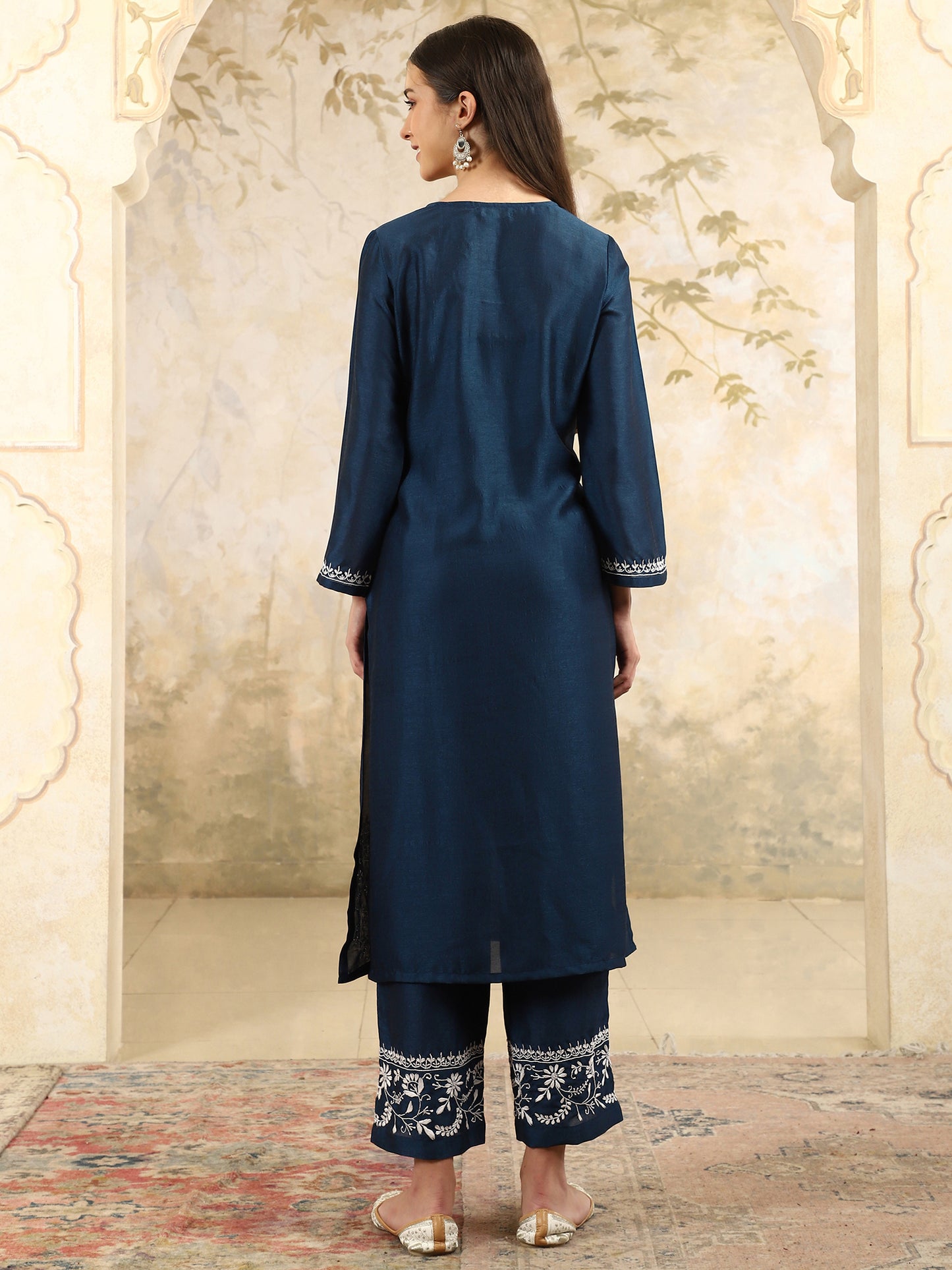 Samaira Blue Chikankari Kurta Set with White Border – Notch Neck