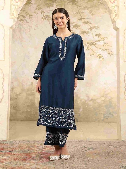 Samaira Blue Chikankari Kurta Set with White Border – Notch Neck
