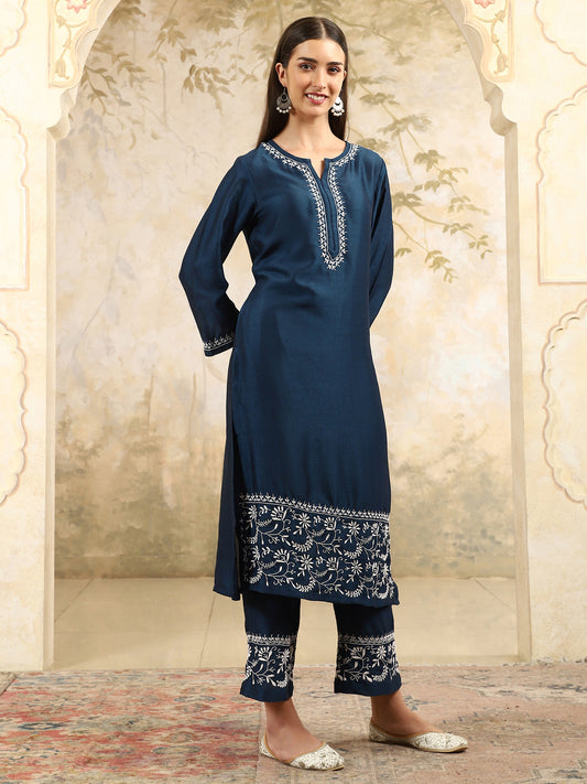 Samaira Blue Chikankari Kurta Set with White Border – Notch Neck