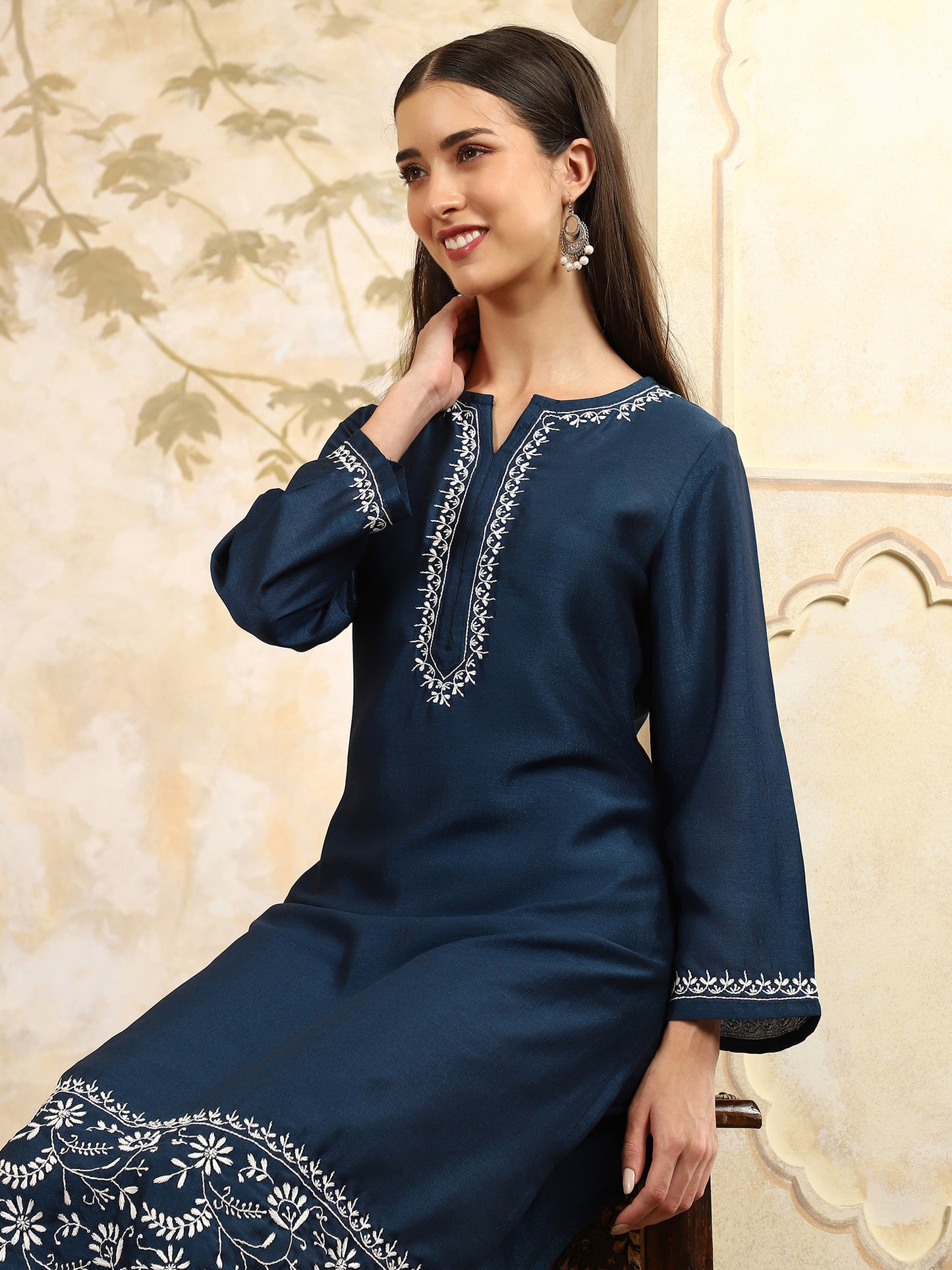 Samaira Blue Chikankari Kurta Set with White Border – Notch Neck