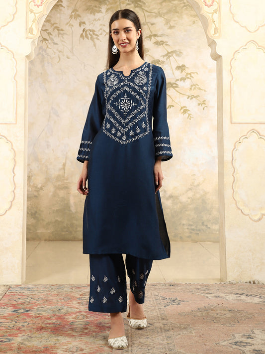 Zainab Blue Chikankari Kurta Set with White Yoke – Notch Neck