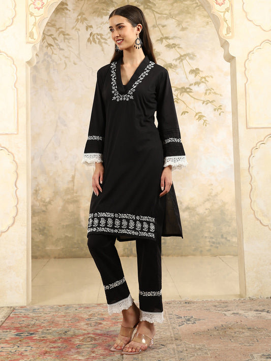 Saba Black Chikankari Kurta Set with White Thread & Lace