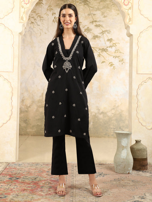Aranya Black Chikankari Kurta Set with V-Neck