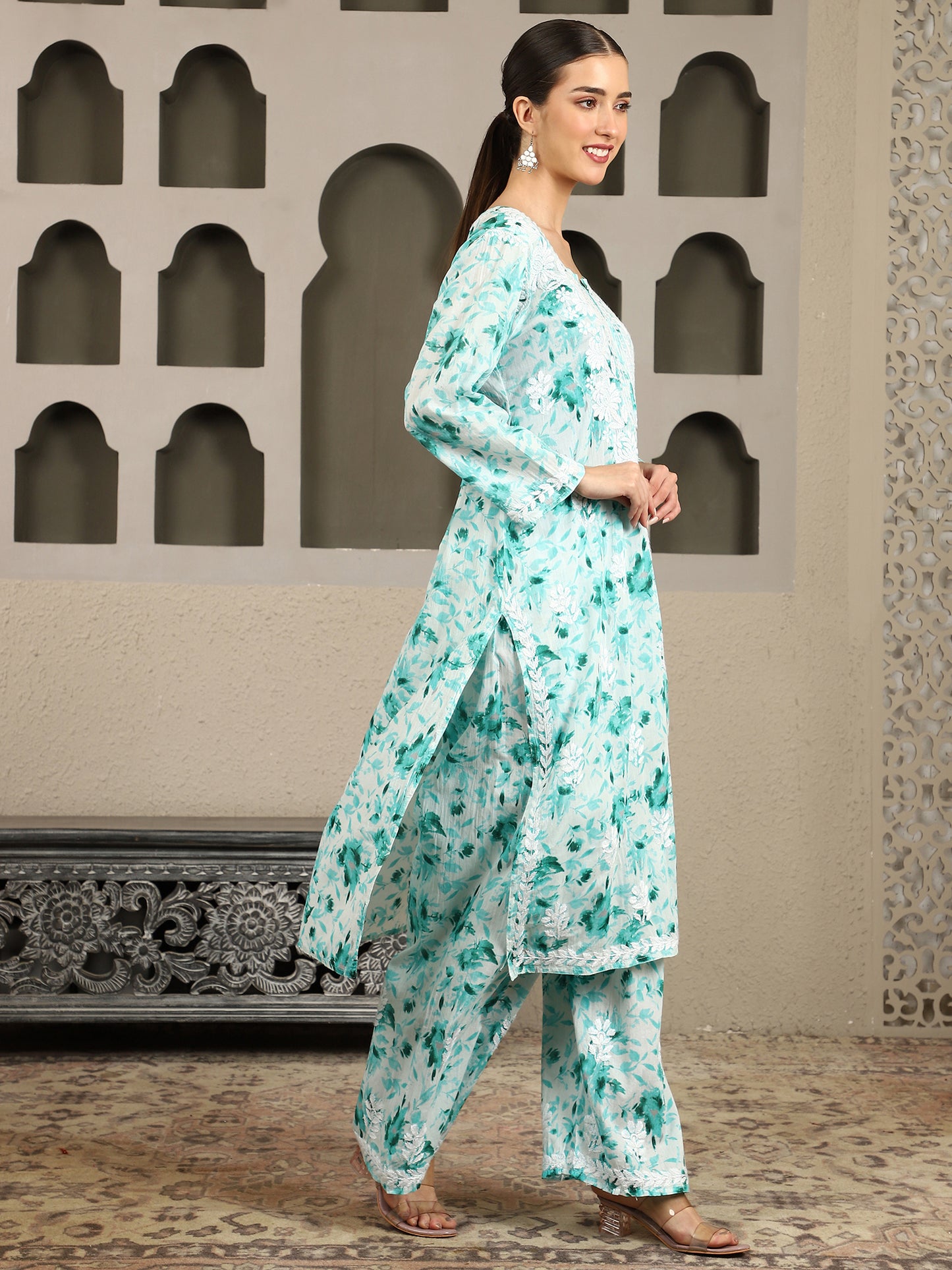 Inaya Blue Floral Print Chikankari Kurta Set with White Thread – Notch Neck