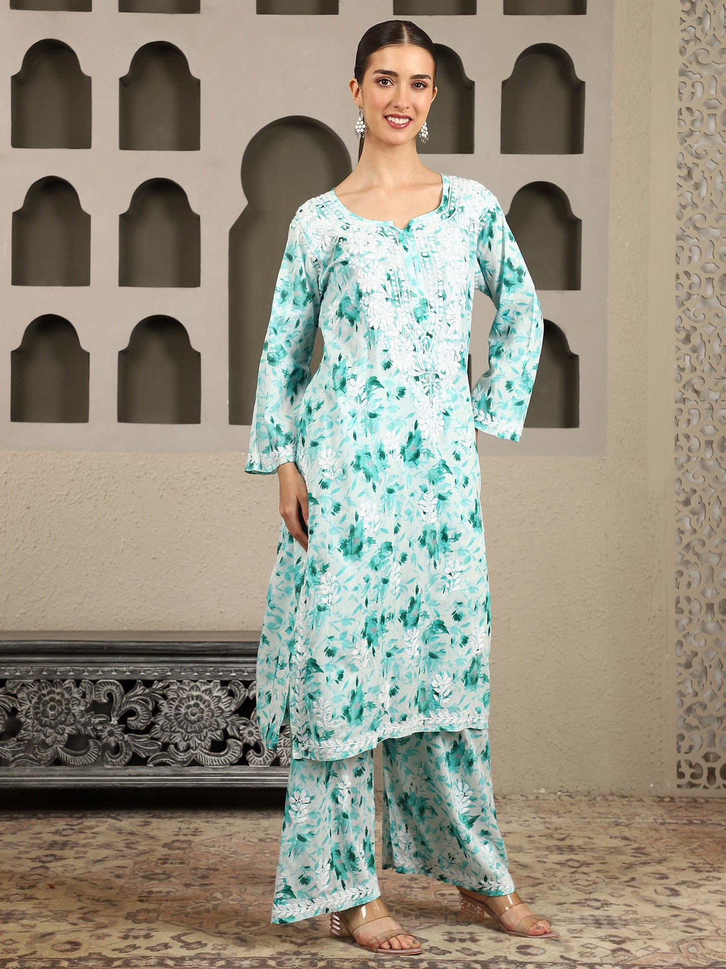 Inaya Blue Floral Print Chikankari Kurta Set with White Thread – Notch Neck