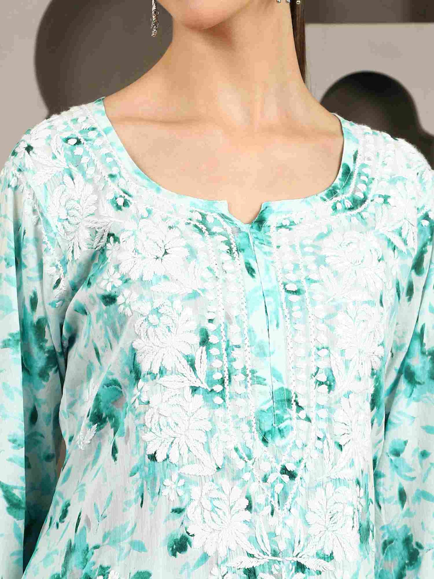 Inaya Green Floral Print Chikankari Kurta Set with White Thread – Notch Neck
