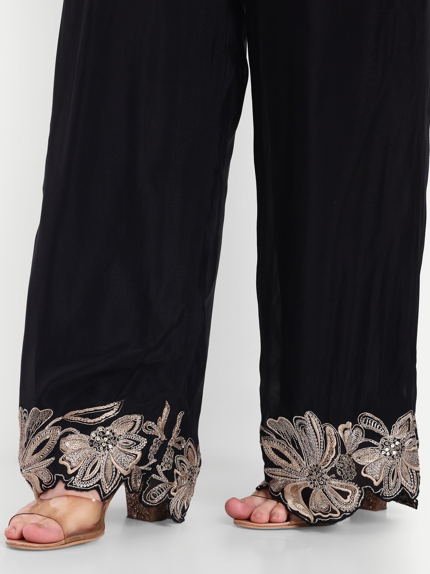 Black Embroidered Blazer With Crop Top And Trouser