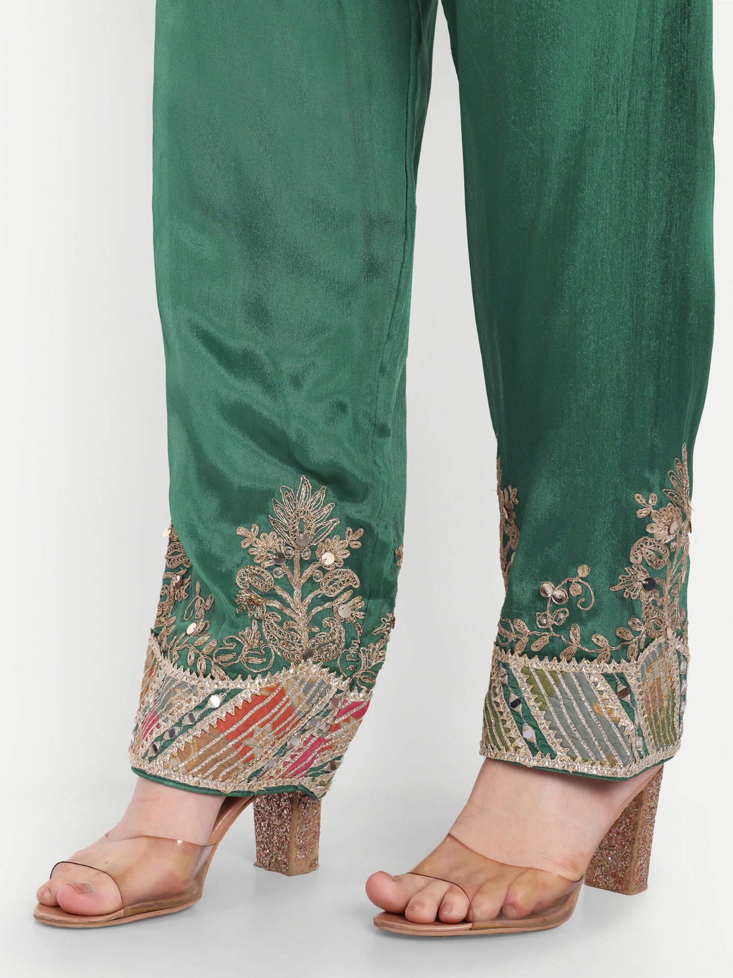 Satin fabric pant with embroidered border