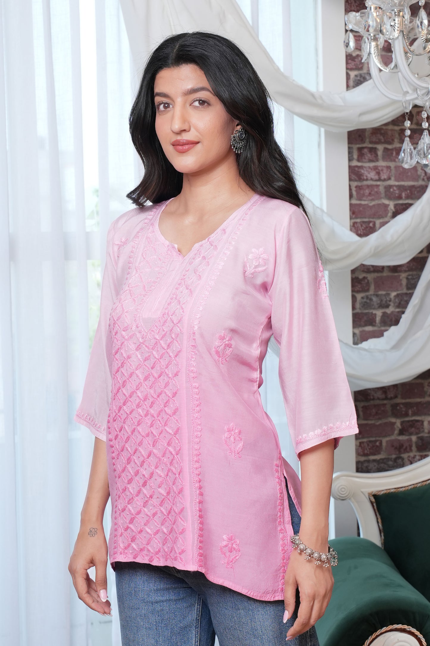 muslin fabric drapes effortlessly, providing all day comfort.