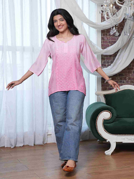 Soha Muslin Chikankari Kurti – Pink Ombre