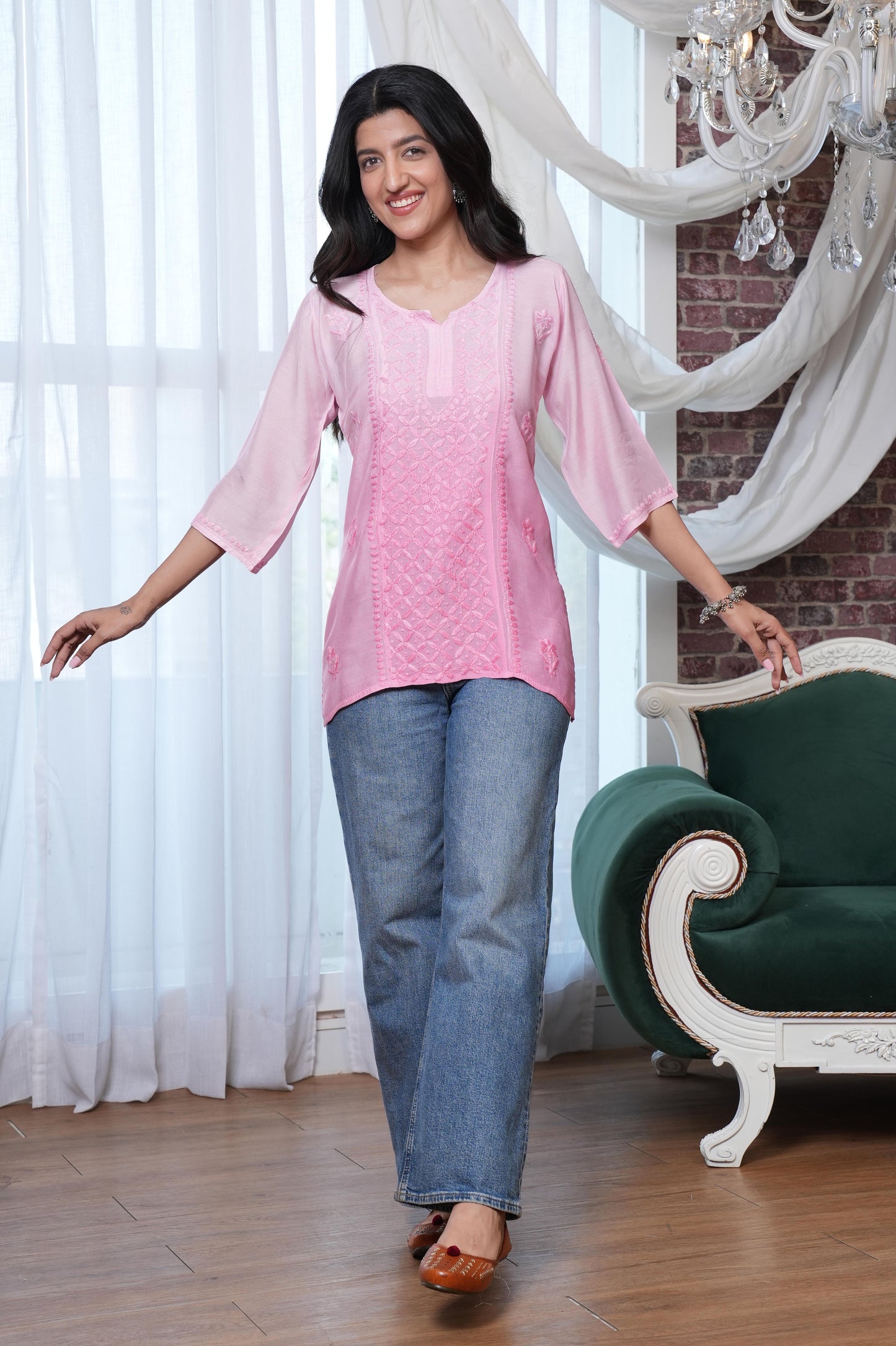 Pink Ombre panal Chikankari Short Kurta