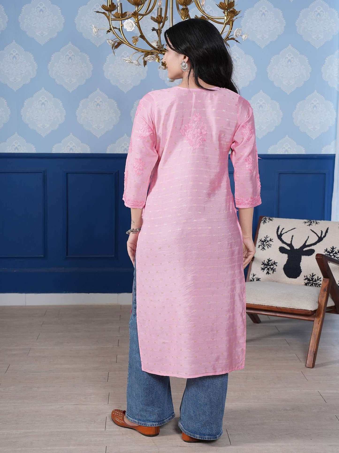 Naisha Chanderi Chikankari Long Kurta – Blush Pink