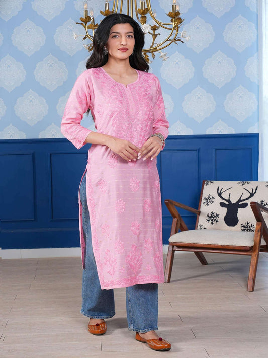 Naisha Chanderi Chikankari Long Kurta – Blush Pink