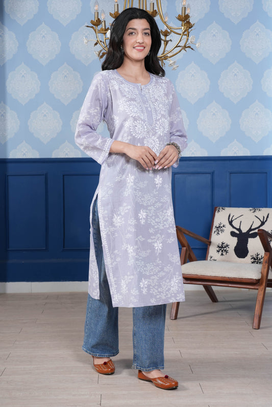 This cotton long kurta intricate white chikankari detailing enhances the kurta’s charm