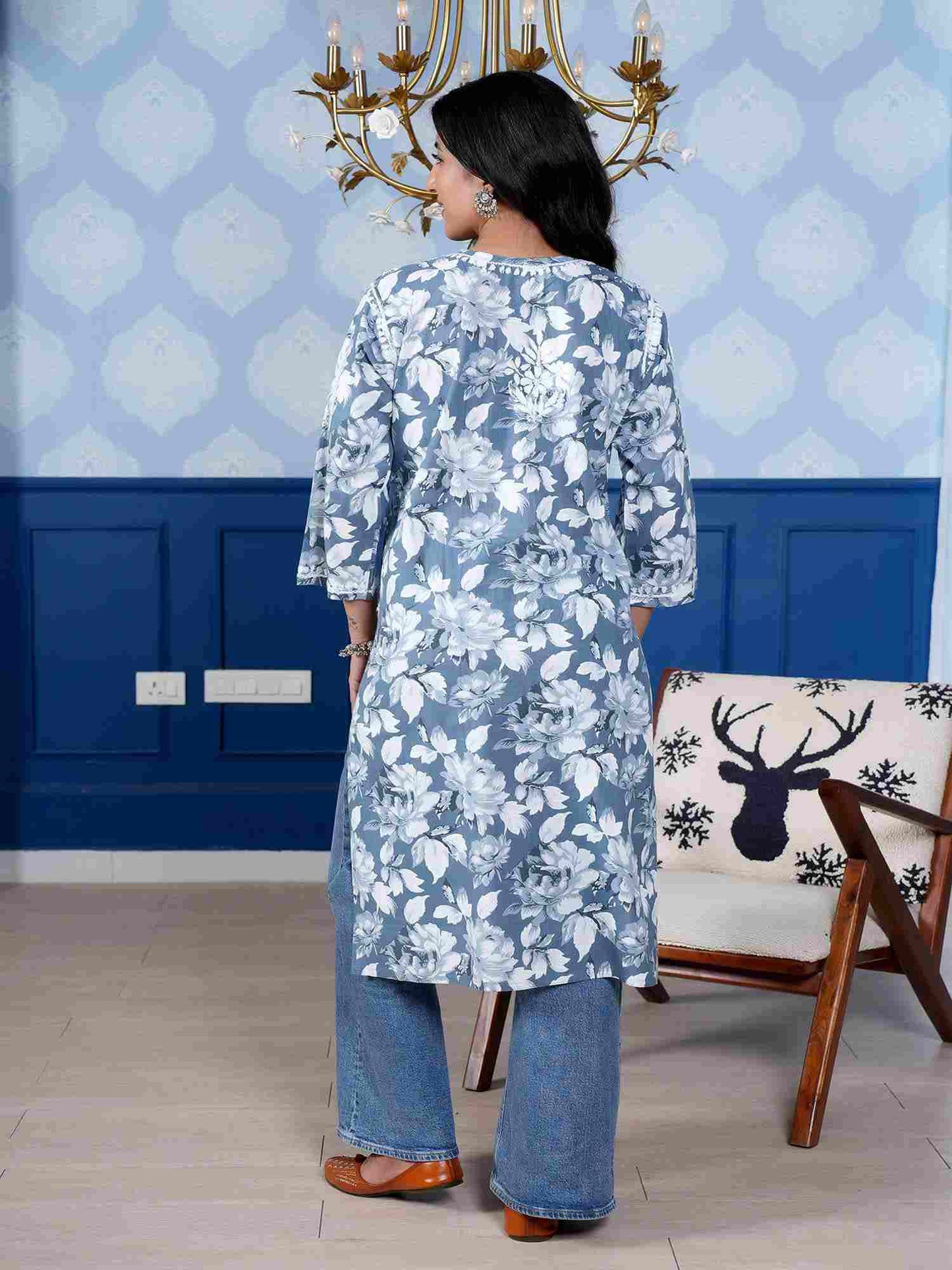 Monochromatic Printed Long Kurta – Blue Floral Print