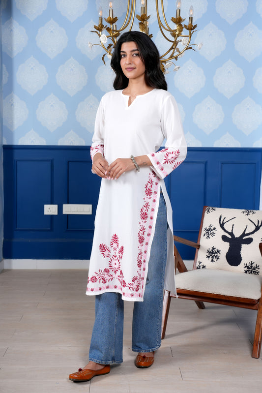 Handcrafted embroidery adds a unique and sophisticated touch