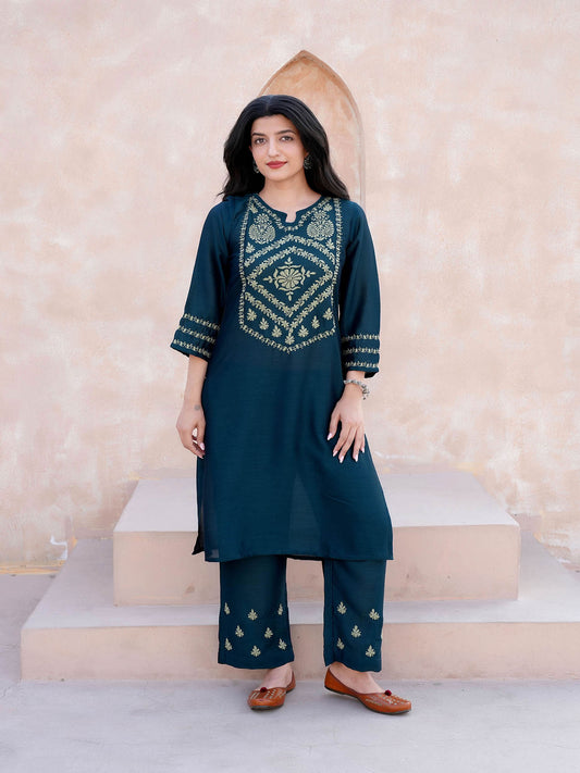 Hiya Green Chikankari Kurta Set With Light Green Embroidery