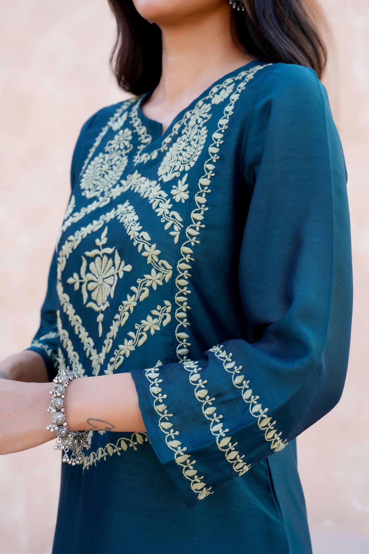Emerald Green Notch Neck Chikankari Kurta set