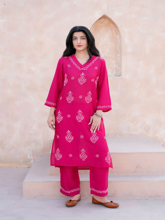Bhavya Chikankari Kurta Set on Silk – Classic V Neck