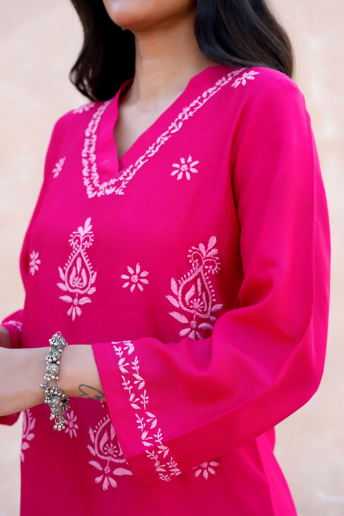 Hot Pink Poly Silk Chikankari Kurta Set