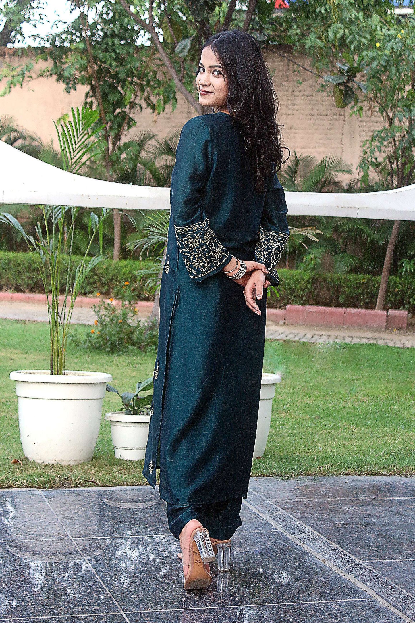 Charmi Emerald Green Chikankari Kurta Set - V Neck