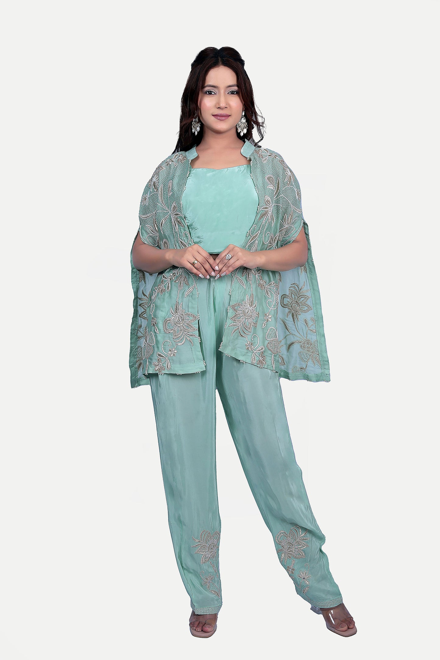 Ocean blue crop top pants and cape set.