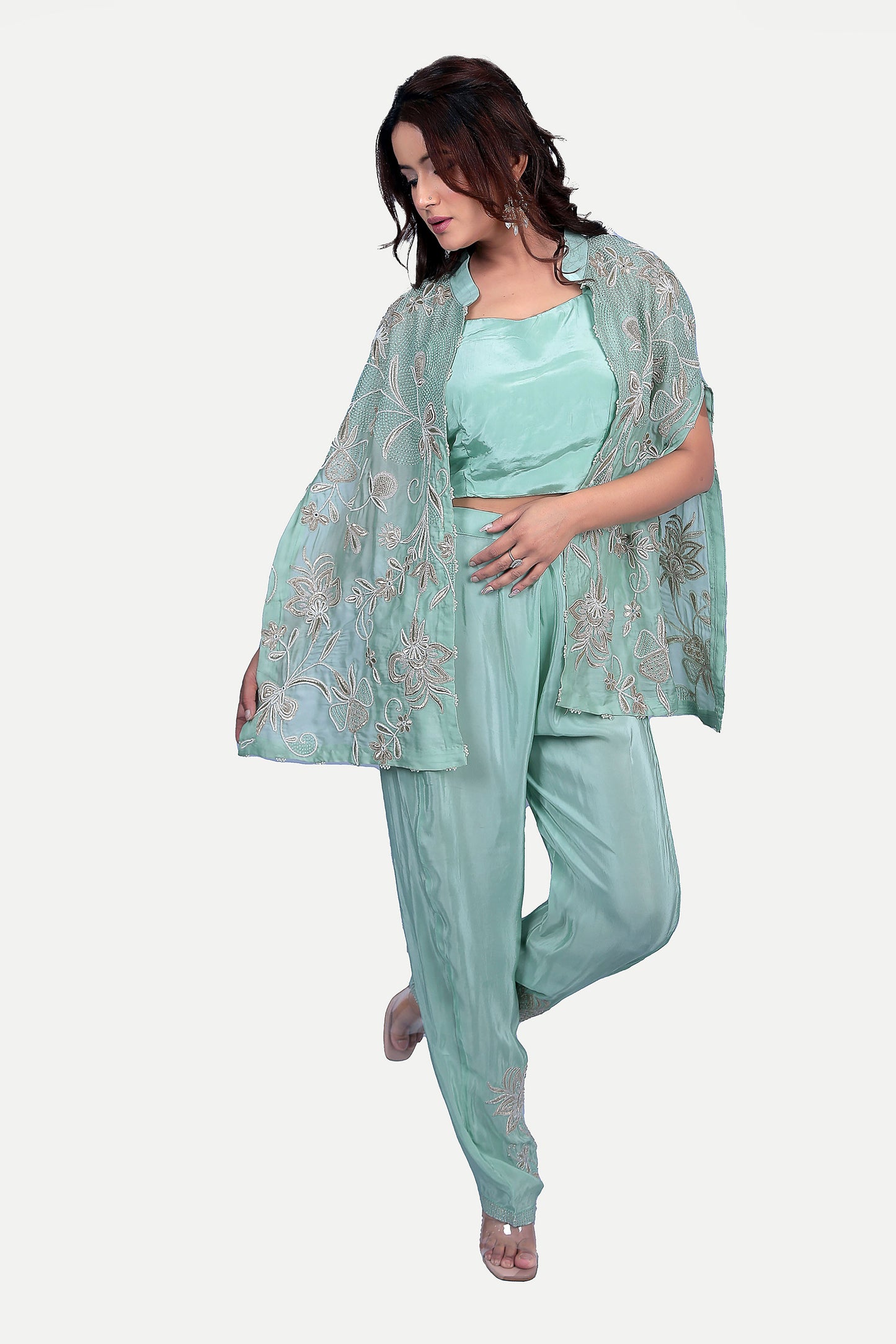 Ocean blue crop top pants and cape set.