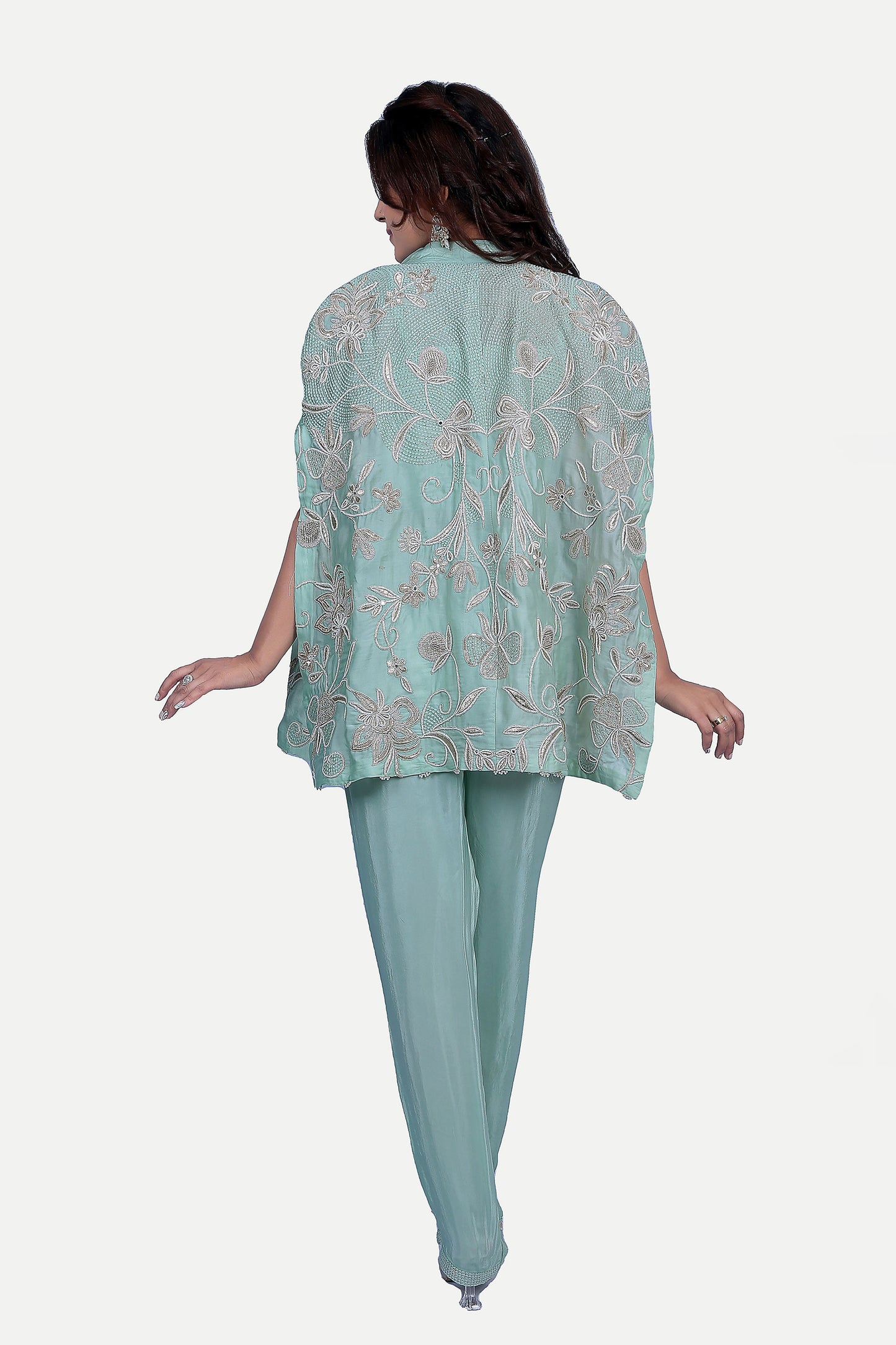 Ocean blue crop top pants and cape set.