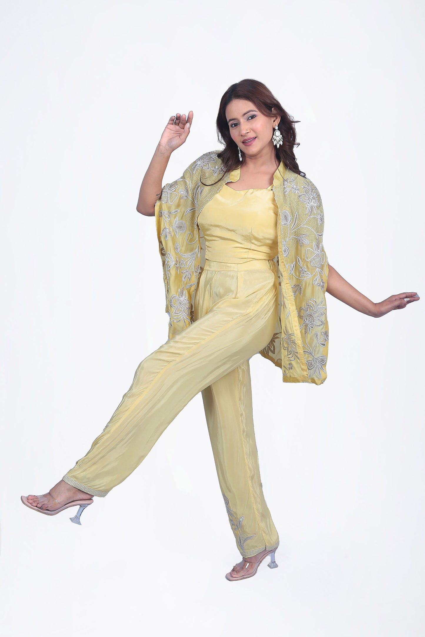 Butter Yellow Crop Top Pants And Cape Set