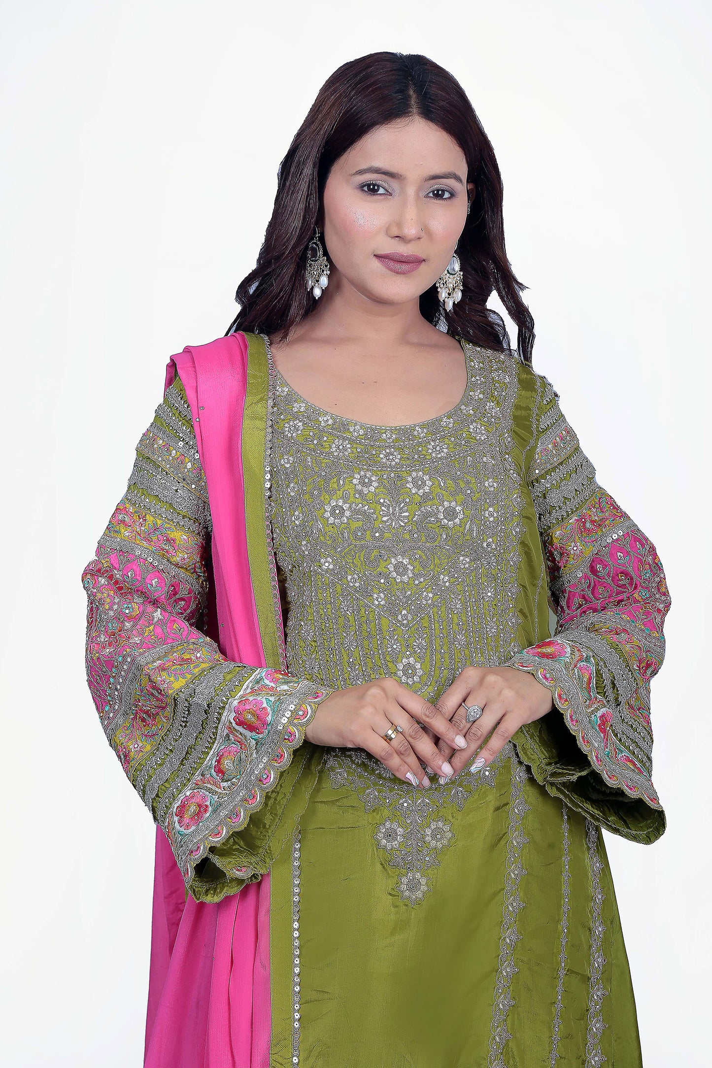 Green Palazzo Set With Pink Dupatta And Bell Sleeve